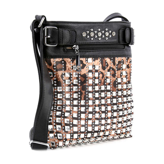 The Leopard Print Sparkling Stone Crossbody Sling features a black strap and trim, silver square studs, a top zippered pocket with silver rivets, and stylish faux leather for an edgy accent to your outfit.