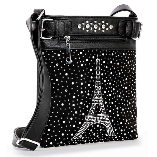 The Rhinestone Eiffel Tower Design Crossbody Sling is a black bag with a rhinestone Eiffel Tower, sparkling dots, zippered pocket, stud accents, and adjustable strap—a chic choice for any outing.