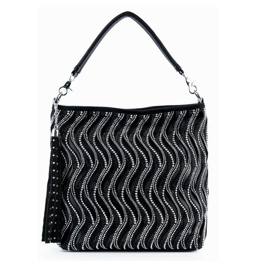 The Rhinestone Wave Layered Hobo Handbag features a single handle, wavy black rhinestone layers, a side tassel, and fits your tablet—perfect for chic style.