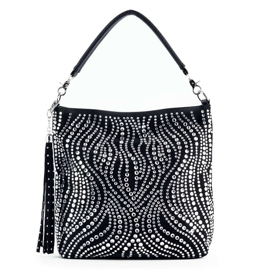 The Stunning Stone Hobo Handbag features black faux leather with swirling silver studs and rhinestones, a single shoulder strap, and a long matching black tassel for added flair.