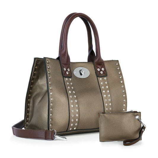 The Accessorized Twist-Lock Handbag is a metallic gold faux leather tote with brown handles, silver studs, a matching pouch, structured shape, decorative clasp, and a detachable shoulder strap for versatile style.