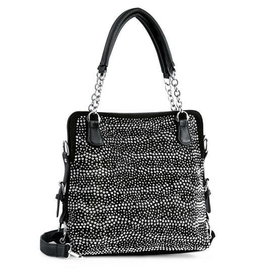 The Stunning Rhinestone Shoulder Bag is a black faux leather shoulder bag featuring silver studs, dual black handles with silver chain accents, and a detachable shoulder strap, shown on a white background.