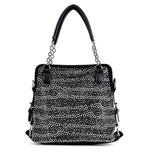 The Stunning Rhinestone Shoulder Bag is a black faux leather handbag with dual handles and a front adorned in sparkling silver studs, giving it a shiny, textured look—perfect as a chic crystal purse or stylish shoulder bag.