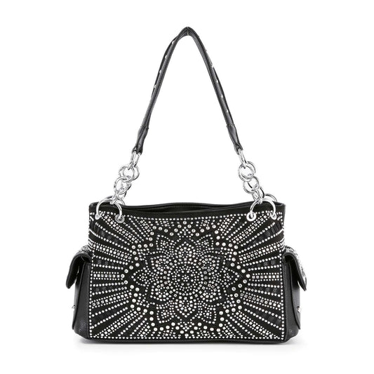 The Boho Bling Design Fashion Handbag is a chic black faux leather purse featuring silver studded floral patterns, a single handle with metal rings, and side pockets for style and convenience.