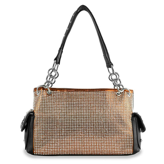 The Ring Accented Sparkling Shoulder Bag features chic black handles and sides, a gold front with shiny studs, and silver ring accents at the handle attachments.