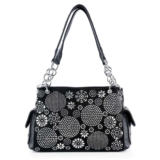 The Unique Rhinestone Pattern Fashion Handbag is a black faux leather shoulder bag with silver chain-accented handles, circular and floral rhinestone designs, plus handy side pockets.