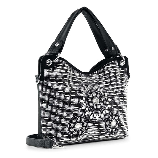 The Stunning Stone Patterned Shoulder Bag features a black and white crystal design with three beaded floral motifs, a detachable shoulder strap, and tablet compatibility. Pictured against a white background.