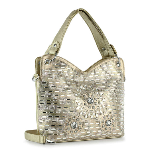 The Stunning Stone Patterned Shoulder Bag features gold faux leather, dual handles, a detachable strap, and ornate cutout circular designs with rhinestone accents. This structured, tablet-compatible tote adds elegance with its metallic details.