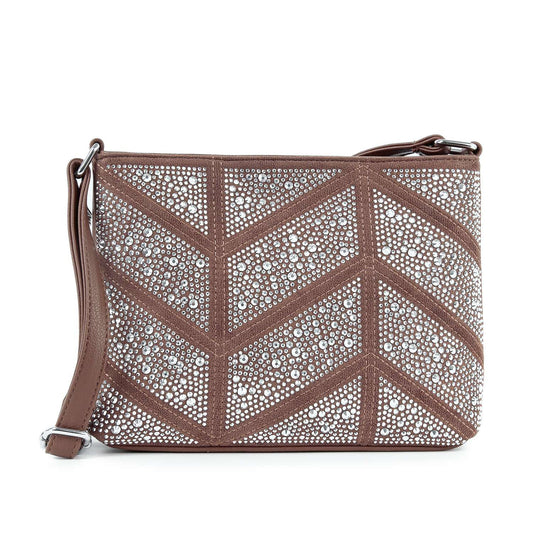 The Rhinestone Grid Patterned Crossbody Sling is a lightweight faux leather bag with a wrist strap, showcasing a grid design made of sparkling rhinestones and silver studs.