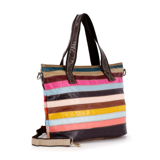 Genuine Leather Colorful Striped Tote Handbag