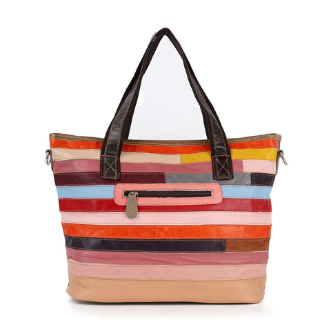 Genuine Leather Colorful Striped Tote Handbag