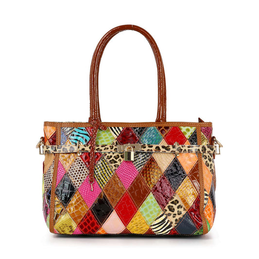 The Genuine Leather Colorful Belted Tote Handbag features diamond-shaped patches in animal prints, solids, and glossy finishes, brown handles, and gold-toned hardware—an eye-catching choice for everyday use.