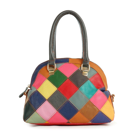 The Genuine Leather Colorful Satchel Handbag features two dark gray handles, a detachable strap, and a vibrant patchwork of diamond-shaped, genuine leather pieces in red, blue, green, pink, yellow, and orange.