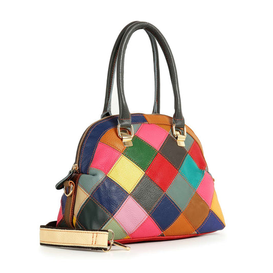 The Genuine Leather Colorful Satchel Handbag features two dark handles, a detachable strap, and vibrant diamond-shaped patchwork, making it a striking statement accessory.
