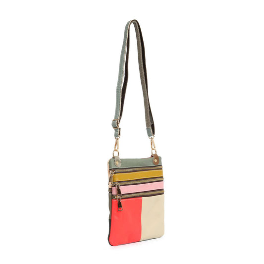 The Genuine Leather Color Block Crossbody is a stylish sling bag with adjustable straps, horizontal zippered compartments in green, yellow, pink, and brown on a beige and bright red body for convenient organization.
