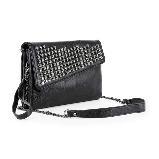 The Petite Rhinestone Top Flap Shoulder Bag Wristlet, in black faux leather, features an asymmetrical flap with silver studs and a chain strap, shown against a white background.
