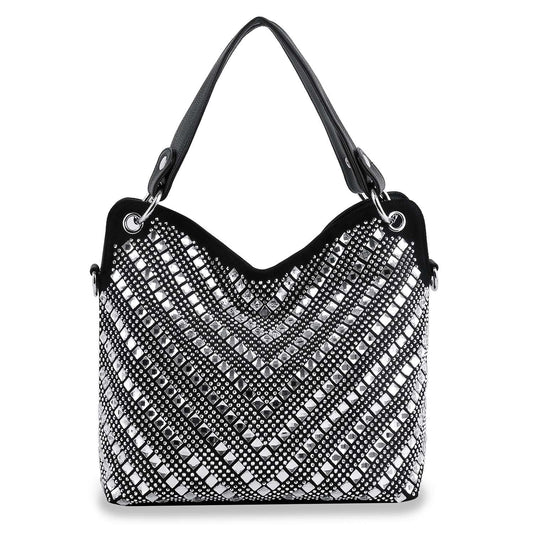 The Chevron Design Rhinestone Handbag is a black and white faux leather shoulder bag with a chevron pattern, silver rhinestone studs, two black straps, and a structured rectangular shape—perfect for carrying your essentials in style.