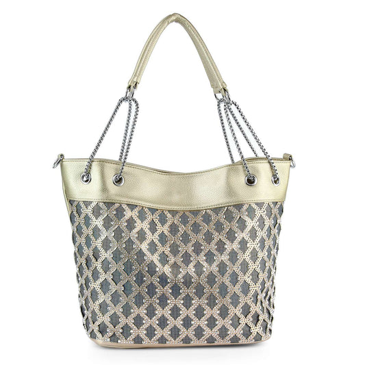 The Iridescent Layered Bling Handbag features metallic chain handles and a diamond-patterned woven design on the lower half, shown in beige and gold against a white background.