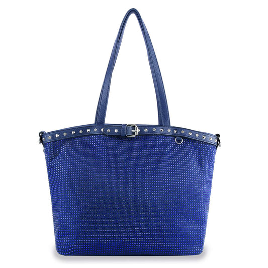 The Belted Rhinestone Covered Tote Handbag is a blue faux leather tote with two shoulder straps, adorned with small silver studs and a slim belt detail near the top. Tablet compatible, it stands upright on a white background.