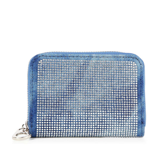 The Rhinestone Design Petite Zip Around Wallet features a small rectangular shape, blue denim border, a rhinestone-covered front panel, silver side clasp, and zip around closure.