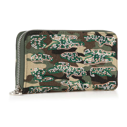 The Sparkling Camo Print Accordion Wallet is a compact canvas wallet with multiple card slots, adorned with colorful rhinestones in various patterns for a stylish touch.