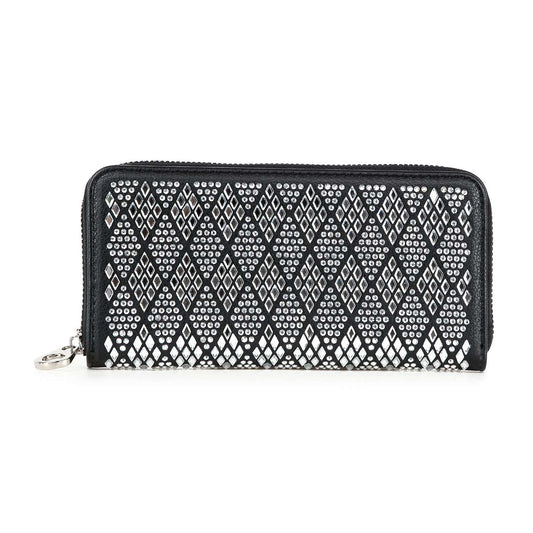 The Diamond Bling Wallet is a black faux leather wallet featuring a geometric diamond and dot pattern, silver stud accents, a silver zipper pull, and a secure zip-around closure.