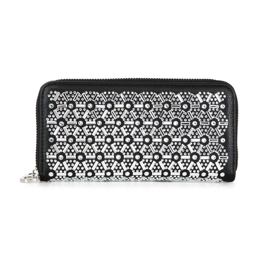 The Rhinestone Design Accordion Wallet features black faux leather with a geometric pattern of silver studs and white accents for a modern, stylish look.