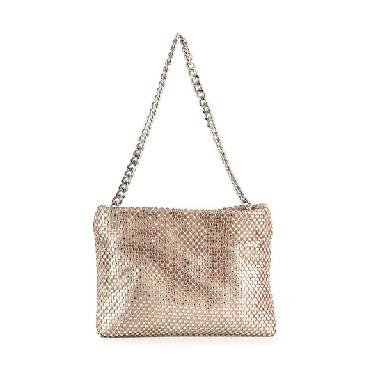 The Metal Mesh Evening Bag features a metallic gold rectangular design with a silver chain strap, shown against a white background.