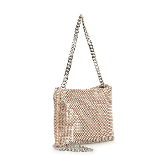 The Metal Mesh Evening Bag features rose gold metal mesh, a chunky silver chain strap, and matching chain detailing along the sides, shown against a white background.