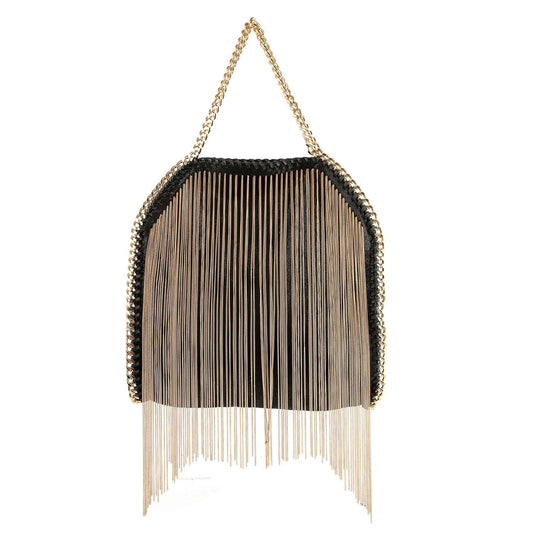 The Stunning Beaded Fringe Fashion Handbag features black faux leather, gold chunky chain handles, and long metallic gold fringe for a dramatic, elegant look.