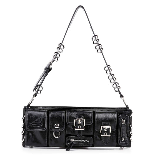 The Luxe Ring Accented Small Shoulder Bag is a rectangular black faux leather bag featuring multiple front pockets, silver buckles, zippers, metallic strap details, and an adjustable strap for versatile shoulder styling.