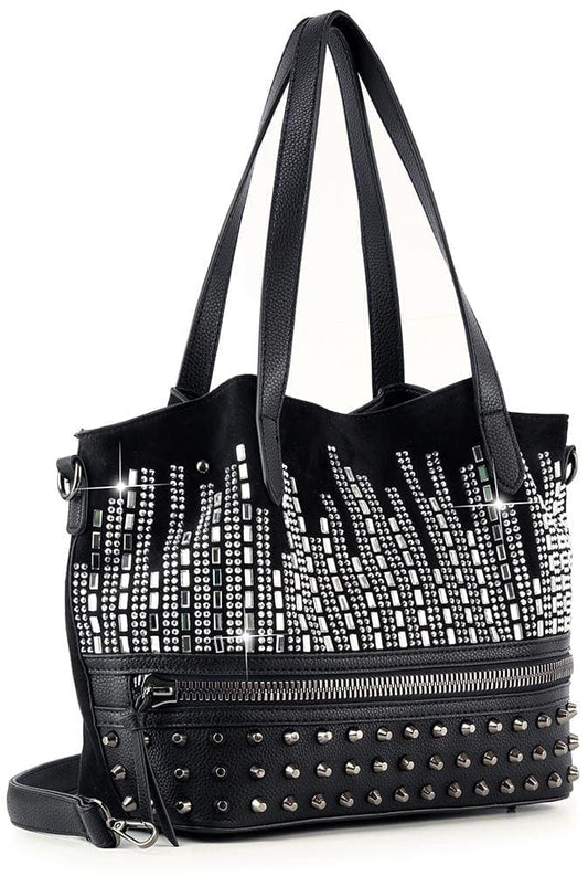The Stud and Stone Tote Handbag features black faux leather, double handles, silver studs and rhinestones on top, round metal studs below, a front zipper pocket, and a detachable shoulder strap—perfect for edgy glamour.