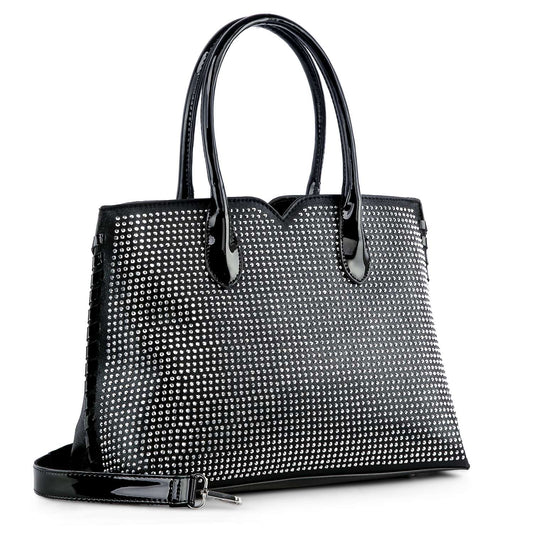 The rhinestone-covered-hand-tote-black is a stylish black faux leather bag with sparkling rhinestones, two top handles, and a detachable shoulder strap, displayed on a white background.