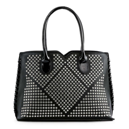 The Studded Rhinestone Pattern Hand Tote is a black faux leather bag with two handles, featuring a chevron studded rhinestone pattern on the front and glossy handles for extra shine.