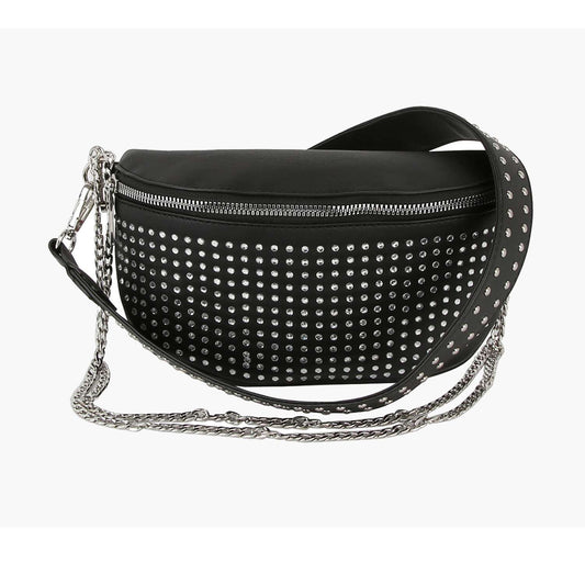 The Stylish Studded Crossbody Bag features black faux leather, silver studs, a zipper closure, a wide studded strap, and decorative silver chain accents.