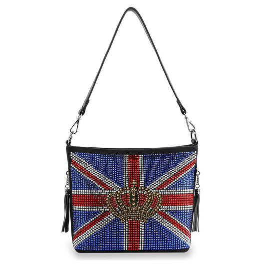 The Dazzling British Flag Hobo Crossbody Sling flaunts blue, red, and white beaded UK flag rhinestones, a gold crown centerpiece, black trim and strap, plus playful tassels—an eye-catching purse for any occasion.