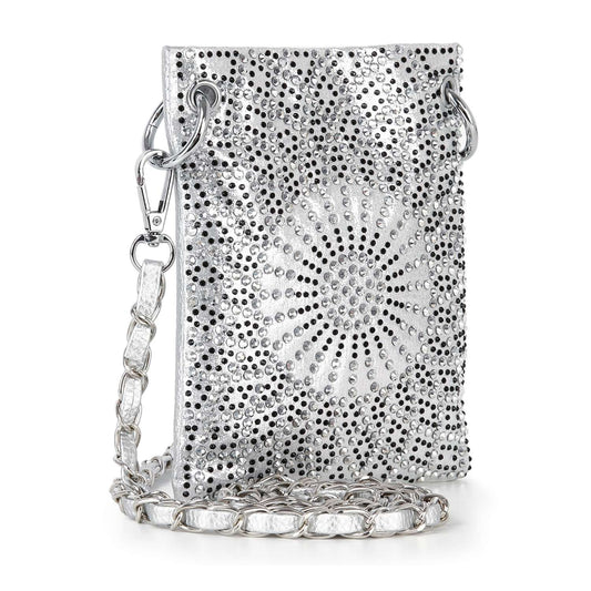 The Rhinestone Design Ultra Petite Crossbody Sling is a small rectangular silver purse featuring a sunburst rhinestone pattern, silver chain strap, and sturdy metal rings. Its ultra petite size dazzles with a glamorous, sparkling look.