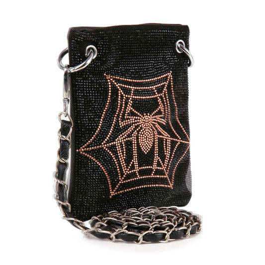 The Rhinetone Spider Web Design Petite Crossbody Sling is a black-beaded bag with a silver chain strap, featuring a sparkling gold spider and web motif on the front.
