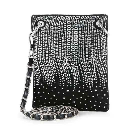 The Rhinestone Design Ultra Crossbody Sling is a black rectangular faux leather bag with cascading silver rhinestones, silver grommets, and a chic chain strap interwoven with black—perfect for standout style.