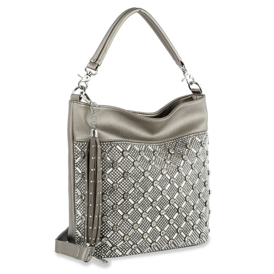 The Rhinestone Design Hobo Handbag features a metallic silver faux leather finish, geometric lattice pattern, studded accents, detachable shoulder strap, and a decorative tassel on one side.