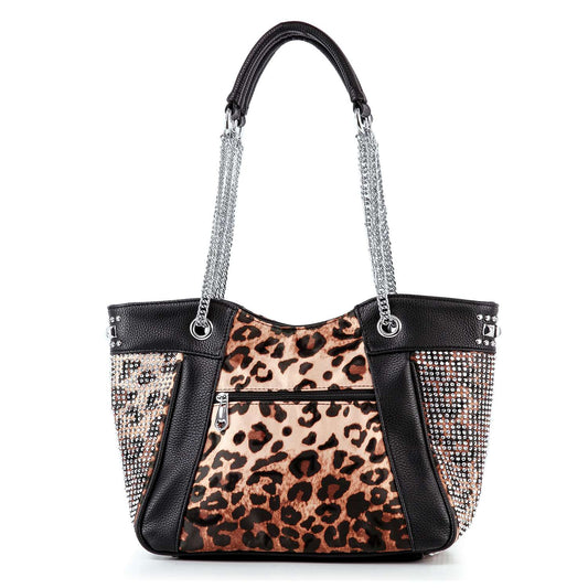 The Chain and Rhinestone Studded Tote features leopard print fabric, black faux leather trim, silver chain handles, a front zippered pocket, and sparkling rhinestones on the sides for added flair.