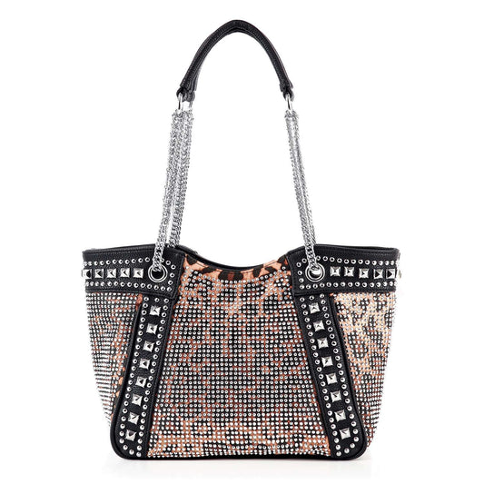 The Chain and Rhinestone Studded Tote is a structured faux leather bag with a leopard print, silver studs, and rhinestones. It features dual chain and leather handles for a stylish, chic appearance.