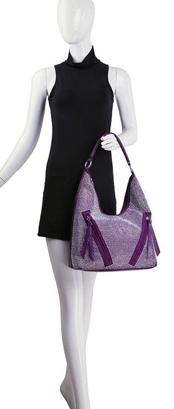 A mannequin in a sleeveless black dress holds the Front Pocket Sparkling Hobo Handbag, featuring purple handles and zipper accents for a stylish yet functional look.