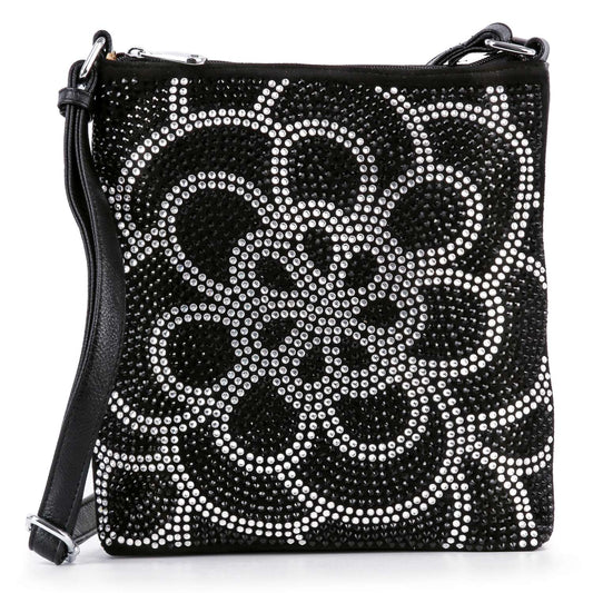 The Stunning Rhinestone Design Crossbody Sling is a sleek black handbag with silver rhinestones in a floral pattern, featuring a thin adjustable strap and top zipper for secure storage.