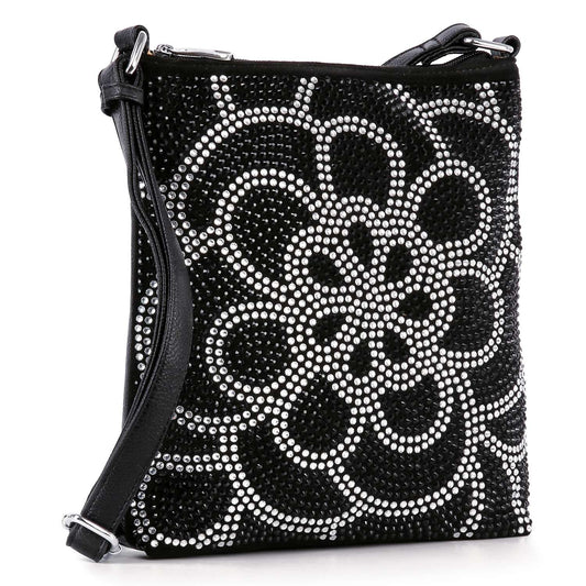 The Stunning Rhinestone Design Crossbody Sling is a black bag with silver rhinestones in a large floral pattern, featuring an adjustable strap and silver zipper.