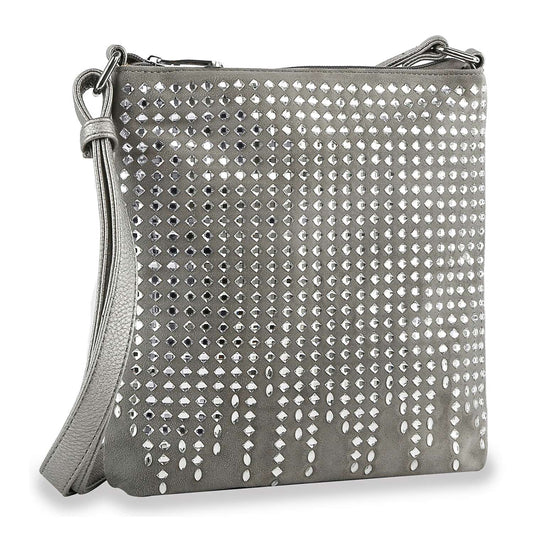 The Dazzling Rhinestone Crossbody Sling is a gray faux leather bag with an adjustable strap, featuring rows of shining silver studs in a gradient design across the front.