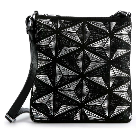 The Rhinestone Pattern Crossbody Sling is a black faux leather bag with silver and white studs forming geometric triangle and diamond shapes. It features a long, adjustable strap and a zippered top for convenience.