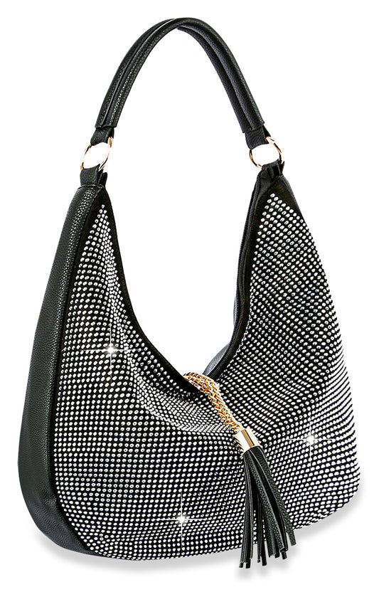 The Sparkling Large Hobo Handbag features a chic black design with dazzling rhinestones, a gold zipper, and a sleek leather tassel. Its curved silhouette and single shoulder strap make it both stylish and practical.