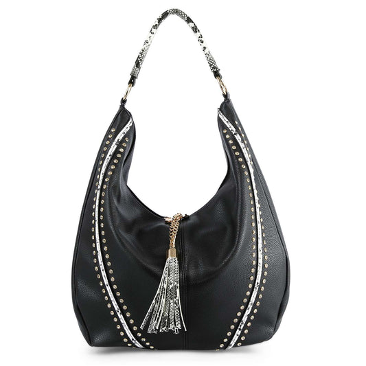 The Tassel Accented Hobo Handbag is black with silver stud accents, a gold chain center tassel, and a snakeskin print handle detailed with matching silver.