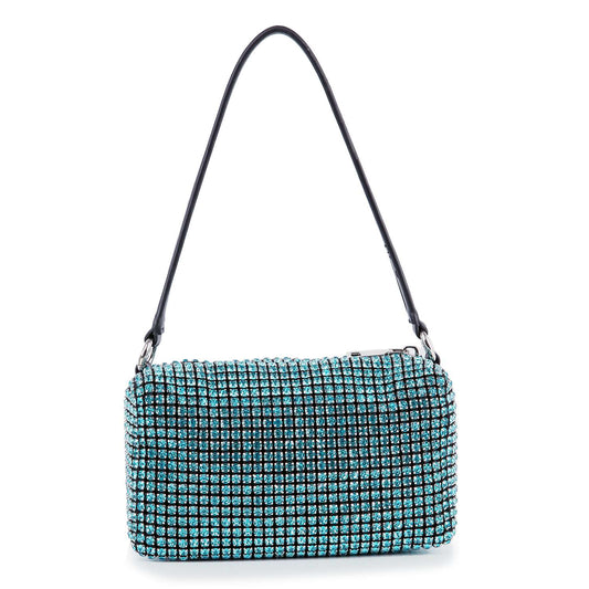 The Petite Rhinestone Bling Shoulder Bag features a black simulated leather strap and a white base adorned with a grid of small, sparkling turquoise rhinestones.